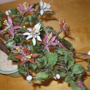 Vintage Chinese Jade Quartz glass Flower Bonsai Tree Sculpture Celadon Pot MCM